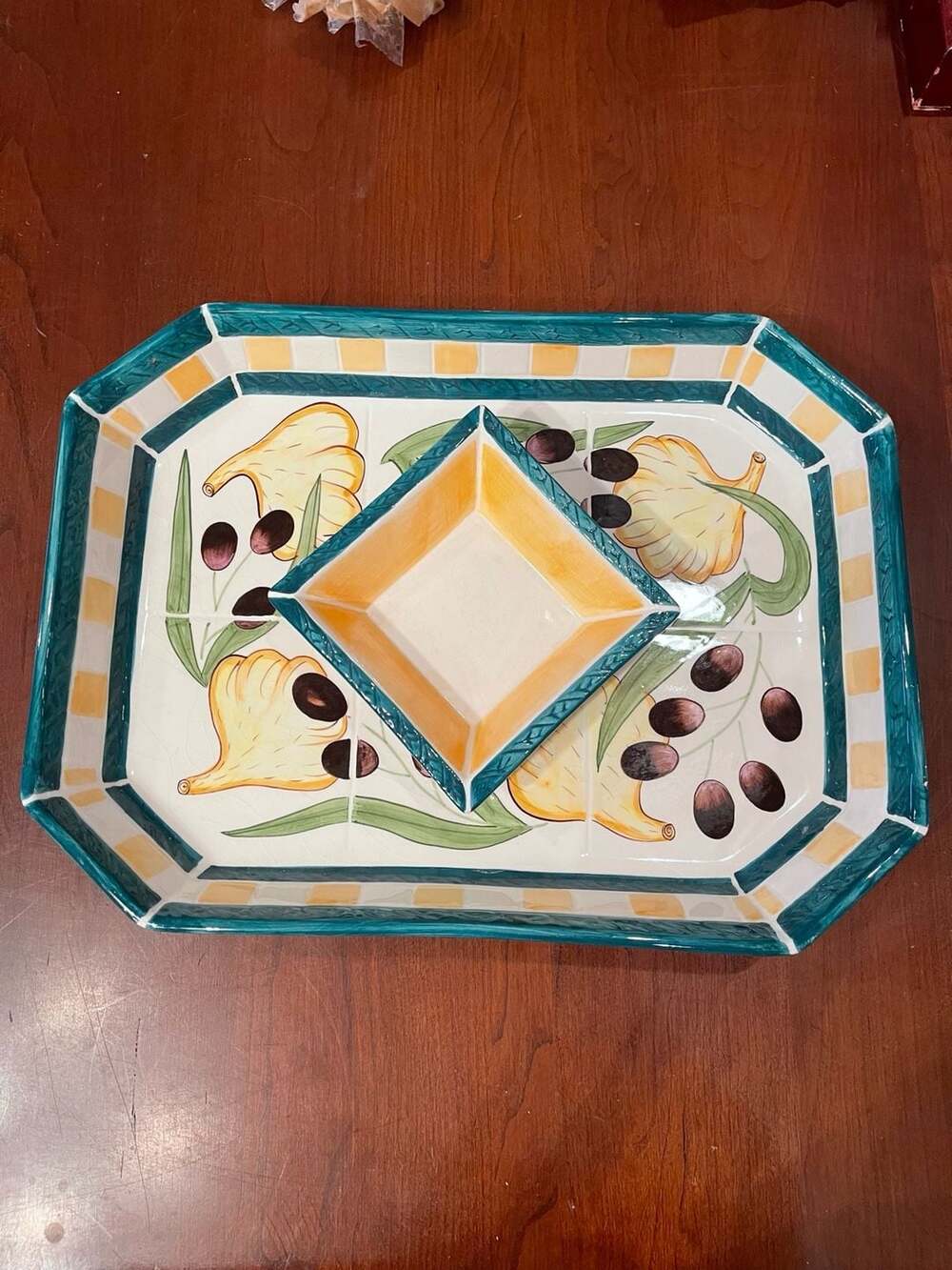 Clay Art 1996 Olive & Garlic Hand-Painted Rectangular Serving Tray with Dip Bowl